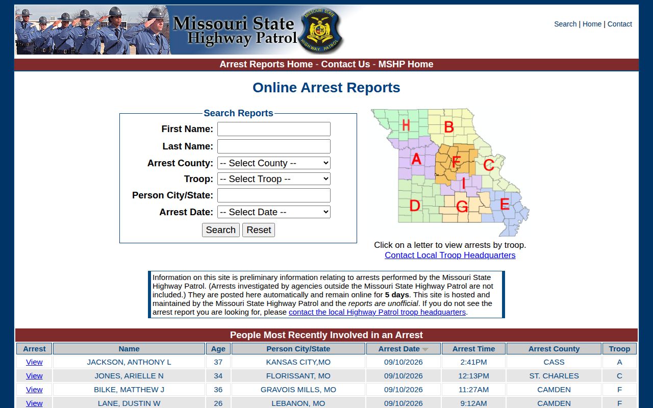 Official MSHP Putnam County arrest report search interface