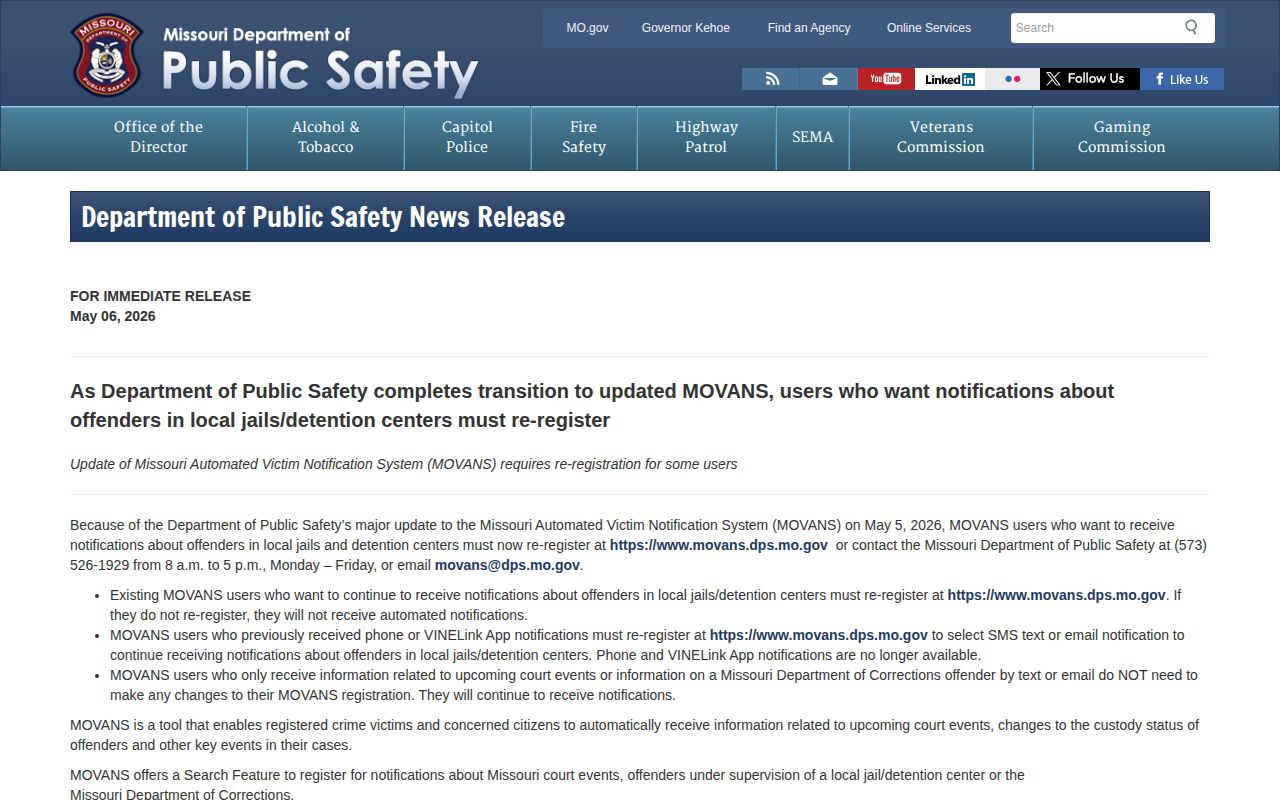 Missouri DPS May 2026 MOVANS VINE local-jail alert update