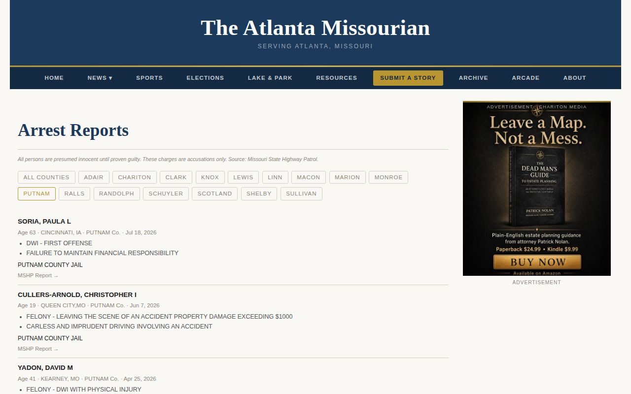 Atlanta Missourian Putnam County MSHP arrest report interface