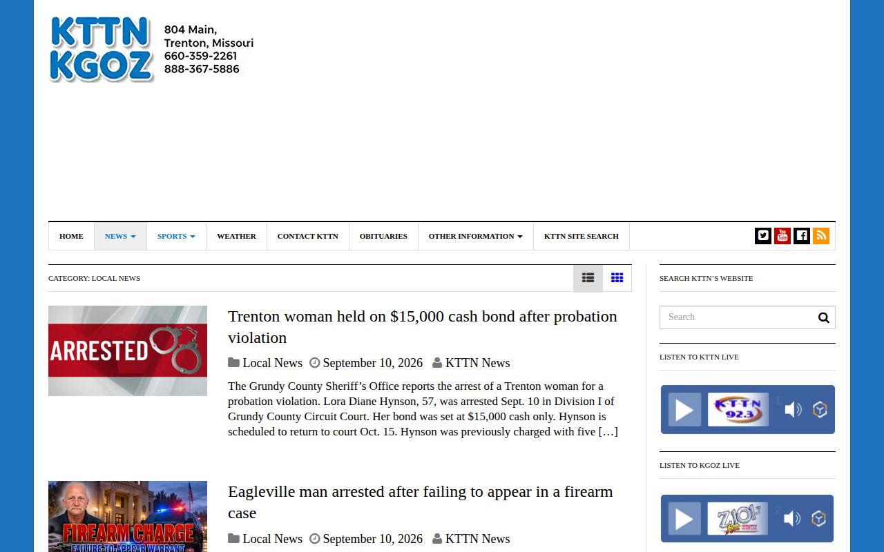 KTTN regional local news page covering northern Missouri events